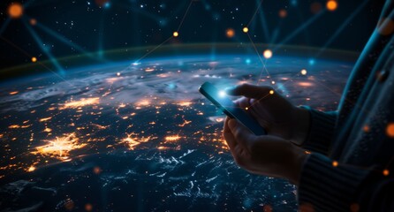 Poster - A businessman uses a mobile smart phone for internet connection and digital marketing. Apps for financial and banking, digital linking, and big data.