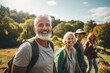 © Artem Zatsepilin - group of young and elderly people with backpacks outdoors on sunny day. travelling, hiking concept
