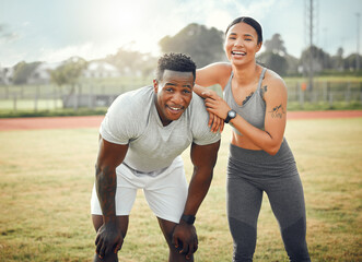 Sticker - Couple, outdoor and portrait on field for fitness, together and teamwork in resting as happy people. Woman, man and routine for training, strong muscle and endurance with support, love and care