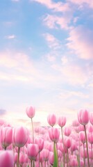 Poster - Field of pink tulip sky landscape outdoors.