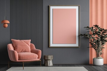 Wall Mural - blank empty frame on wall mock up design in living room with houseplant pot and armchair, cozy comfortable tranquil airy natural light