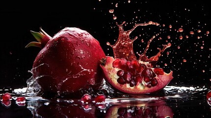 Water splash with fresh pomegranate fruit juice and seed