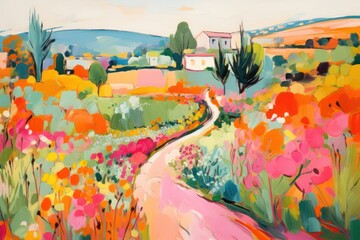 Canvas Print - Flower garden on hill painting outdoors nature.