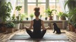 © Vladan - A young woman attempts yoga at home while her dog playfully interrupts her poses, showcasing the joy and challenges of practicing fitness in a pet-friendly environment.