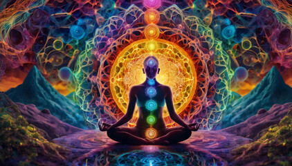 A person meditating in a yoga pose, with seven glowing chakra points on their body. Surrounded by vibrant energy patterns the background represents the vast universe, energy, and tranquility.