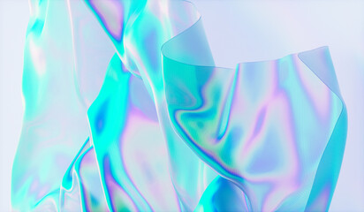 Poster - Abstract 3d podium background with iridescent holographic fabric texture.