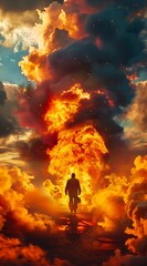 Wall Mural - A man is standing in front of an explosion.