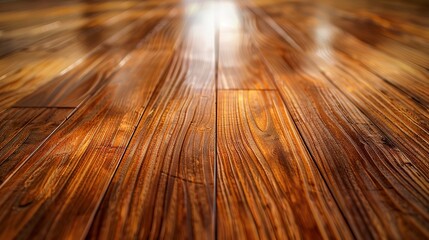 Wall Mural - Wooden laminate floor boards background image. Home decor concept. Varnished wooden board, shiny polished wood parquet floor taken with low angle. 