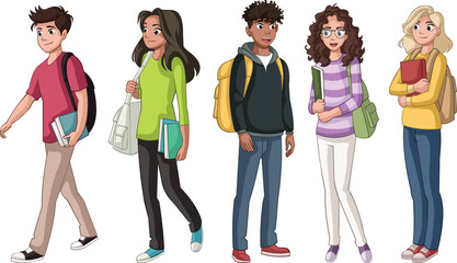 Wall Mural - Cartoon teenagers students. Students walking and standing up.
