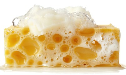 Poster - The clipping path is isolated on white, with colorful soap foam, bubbles and yellow sponge