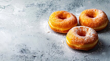 Wall Mural - Three doughnuts with powdered sugar on a table.