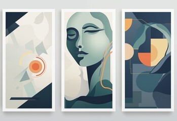 Wall Mural -  boho women abstract face illustration, wall frame decor idea