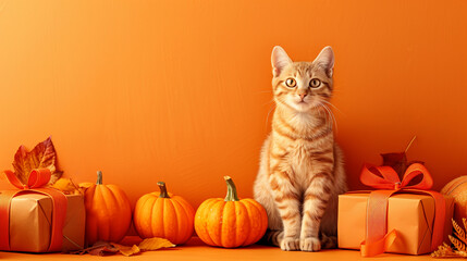 Wall Mural - Young red cat with pumpkins, present boxes and fall maple leaves isolated in the orange background. Greetings autumn holidays banner