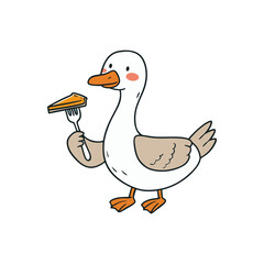 Wall Mural - Simple illustration of cute goose holding a pie slice with a fork