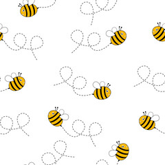 Wall Mural - Bees seamless pattern. Bee flying on a dotted route. Vector illustration.