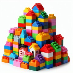 Poster - 7 53. A stack of colorful plastic building blocks, isolated on w