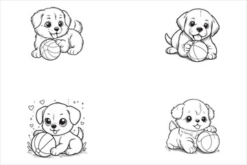 A cute puppy playing with a ball line art drawing