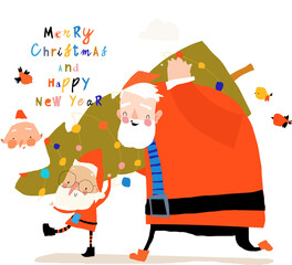 Wall Mural - Cute Cartoon Santa Clauses carrying Big Christmas Tree. Vector Illustration