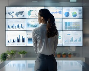 Poster - Businesswoman Reviewing High Tech Financial Forecasts on Large Display