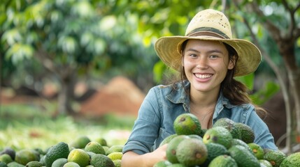 Portrait of smiling farmer with avocado fruit in plantation farm field