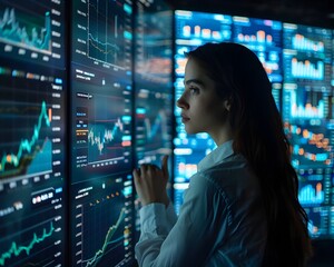 Aufkleber - businesswoman analyzing financial trends on multiple high tech screens financial planning concept