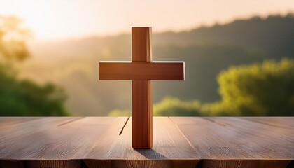 Wall Mural - wooden christian cross on wood floor with blurred nature background