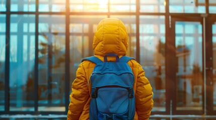 Poster - Back view of a child with a yellow jacket and blue backpack facing an academy building with large windows