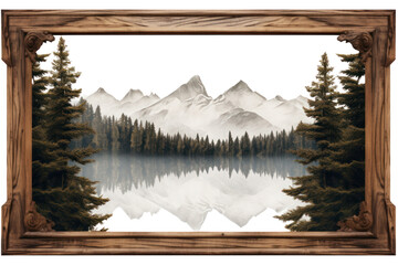 Wall Mural - rustic, wooden framed mirror reflecting a tranquil forest landscape, isolated on a white background