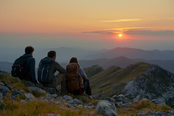 group of friends watching a sunset from a high ridge