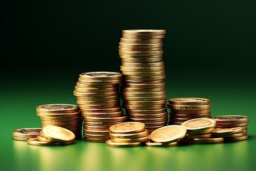 Stacks of gold coins on wooden table, business and finance concept