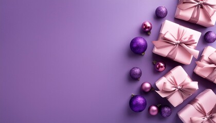 top view photo of lilac gift boxes with ribbon bows pink and purple baubles on isolated violet background