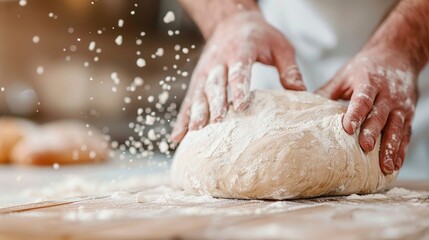 Close-up of hands kneading dough on a flour-covered surface, emphasizing the tactile process of bread making and the artistry involved in baking homemade bread.