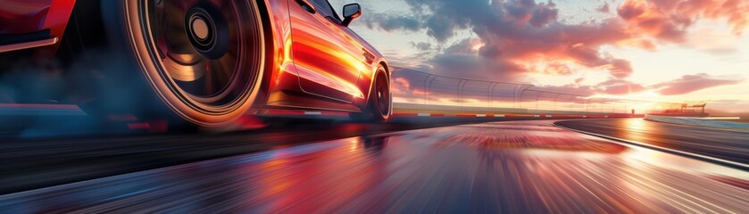 Dynamic sports car drifting on a wet track at sunset, showcasing motion, speed, and the power of modern automotive engineering.