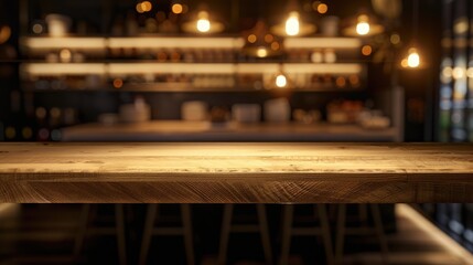 Wall Mural - Empty wood shelf with blurred restaurant bokeh background for product display