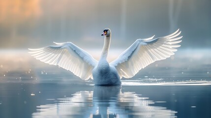 Canvas Print - Majestic Swan Spreading Wings on Serene Lake Creating Ripples in the Water