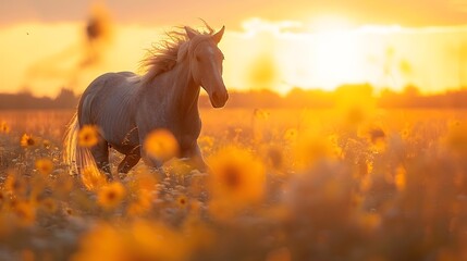 Canvas Print - Graceful Horse Galloping Through Meadow at Sunset with Flowing Mane