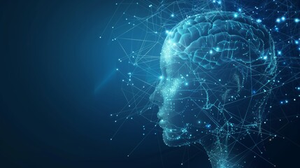 Poster - The cybernetic representation of an AI head emulating a human being symbolizes stateoftheart technology and communication through digital networks, offering futuristic possibilities