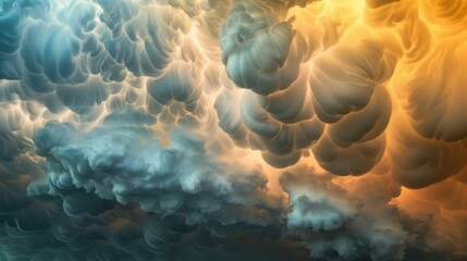 Poster - A close-up of mammatus clouds hanging low in the sky, resembling cotton balls against a stormy backdrop.