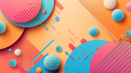 Poster - A colorful abstract background with overlapping circles, squares, lines, and spheres.