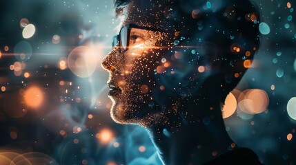 Aufkleber - Futuristic digital art. Conceptual AI-generated profile of a person in glasses. Abstract background with glowing lights. Modern creative style. 