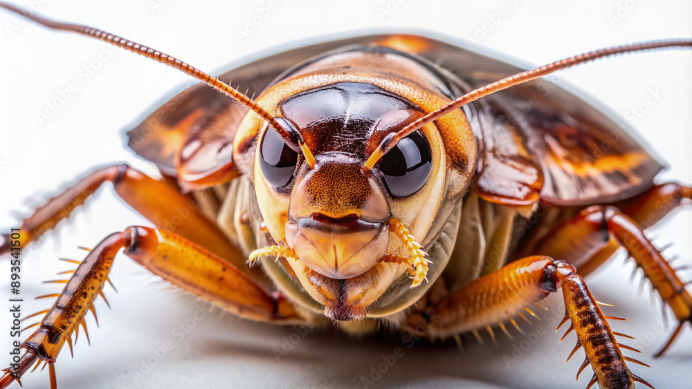 Detailed closeup macro view of a brown American cockroach's shiny ...