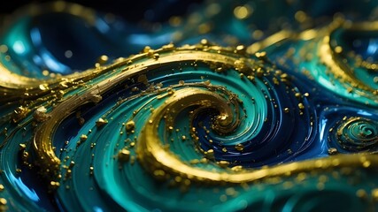 Poster - Spiral waves formed by gold dust particles in a blue liquid with a green tint. A swirl of gleaming particles in a viscous, dark green liquid