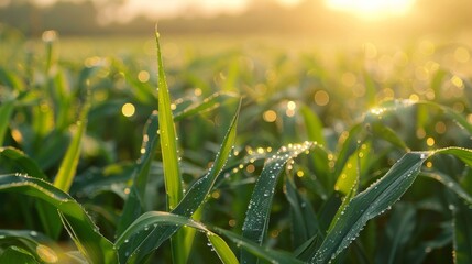Poster - A cornfield at dawn with dewdrops glistening on the leaves and stalks, capturing the early morning light.