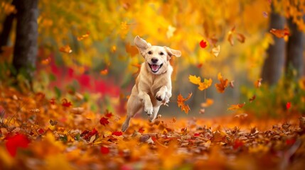 Poster - A dog jumping joyfully through a field of colorful autumn leaves during a brisk fall day.