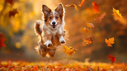 Poster - A dog jumping joyfully through a field of colorful autumn leaves during a brisk fall day.