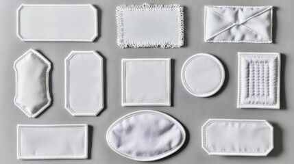 embroidered patch mockup: various types of symbolic labels in white cloth