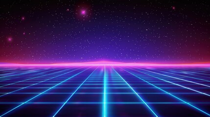 Wall Mural - Retro Futuristic Night Sky with Grid Lines