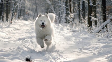 Poster - A fluffy Samoyed dog running happily through a snowy forest, leaving paw prints in the fresh snow.
