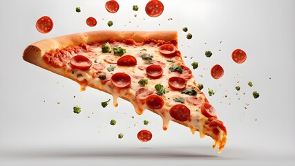 Wall Mural - A template with a delectable pepperoni pizza slice floating over a white backdrop