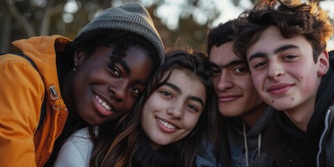 Group of friends posing together for a photo shoot, smiling and laughing